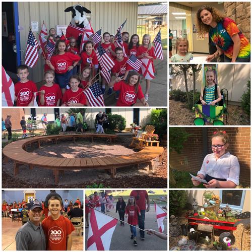 Students celebrate Bicentennial with flags, dressing up as famous Alabamians and with a school garden. 